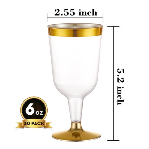 N9R 30 Pack Plastic Wine Glasses with Gold Rim, 6 Oz Plastic Wine glasses with Stem, Disposable Wine Cups Reusable Suitable for Party Weeding Birthday