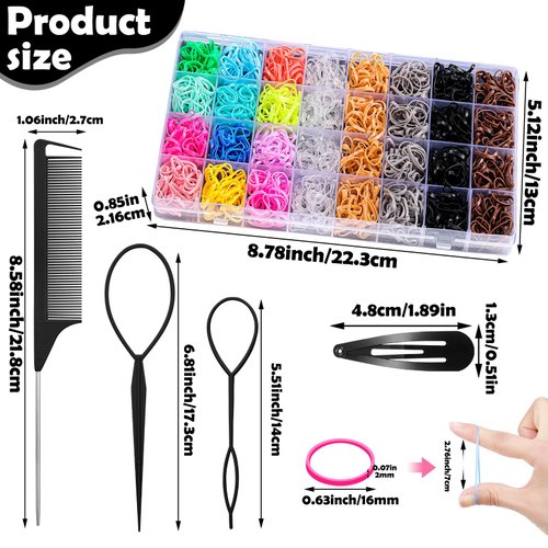 auroray Hair Ties, 17 Colors Elastic Hair Rubber Bands, 2000 Pcs Baby Hair Ties with Hair Styling Tools Organizer Box for Girls, Women, Toddler