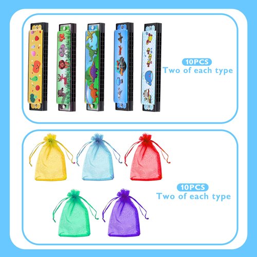 10 Sets Harmonica with Organza Gift Bags Music Party Favors 16 Holes Cartoon Harmonica Musical Instrument for Musical Party Gift Harmonica Beginner Kid Musical Instrument Toys (Style 3)