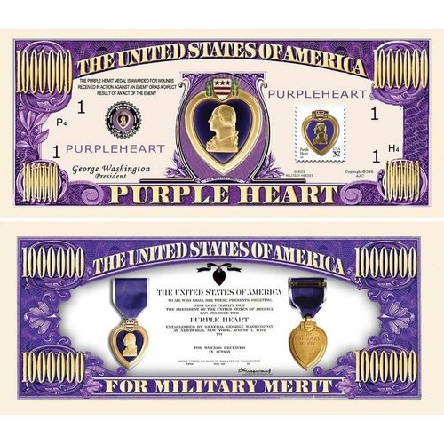 25 Purple Heart One Million Dollar Bills with Bonus “Thanks a Million” Gift Card Set
