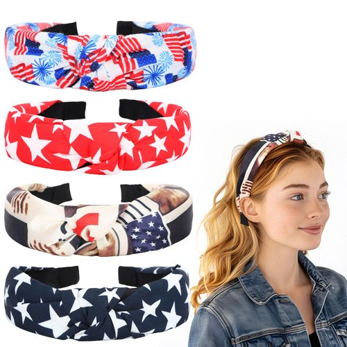 JUNEBRUSHS 4Pcs American Flag Headbands for Women, Patriotic Independence Day July 4th Hairband, Red White Blue Bow Wide Headband Yoga Hair Band Hair Hoops