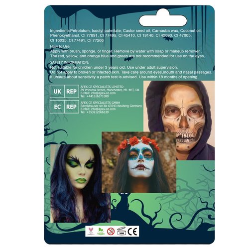 Bowitzki Halloween Makeup Palette 5 Colors Face Body Paint Oil Based with Brush for Zombie Skeleton Clown Witch Football Baseball Sports SFX Costume Cosplay Dress Up (Green)