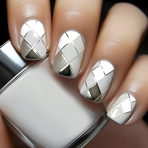 Tyuimhx 24Pcs Short Square Press on Nails Glitter White Grey Rhombus Designs Fake Nails Full Cover False Nails Acrylic Stick on Nails Silver Line Artificial Nails for Women Girls Glue on Nails