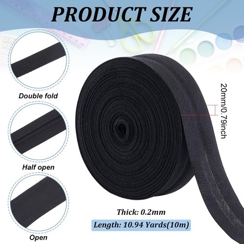 BENECREAT 11 Yards Single Fold Bias Tape, 3/4 inch Wide Black Bias Binding Tape Hemming Tape for DIY Garment Sewing, Seaming, Piping, Quilting