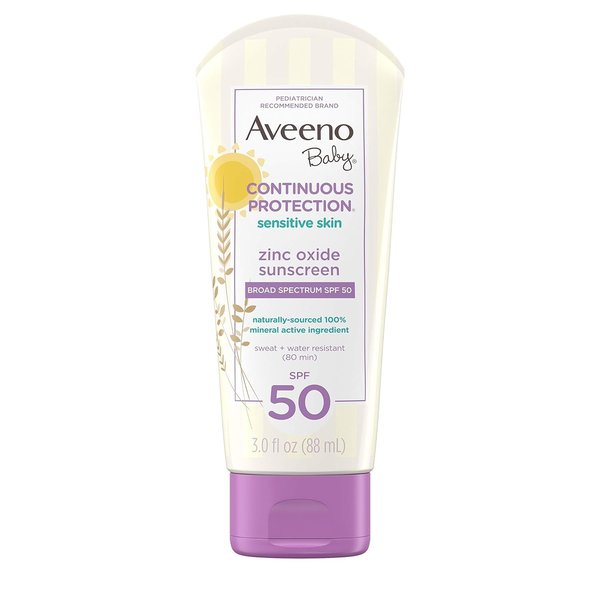 AVEENO Baby Continuous Protection Sensitive Skin Lotion Zinc Oxide Sunscreen SPF 50 3 oz
