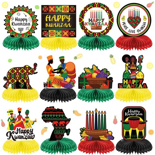 12 Pieces Kwanzaa Centerpiece Happy Kwanzaa Honeycomb Centerpiece African Heritage Honeycomb Table Centerpieces Kwanzaa Party Decorations for Kwanzaa Holiday Party Supplies, 12 Styles