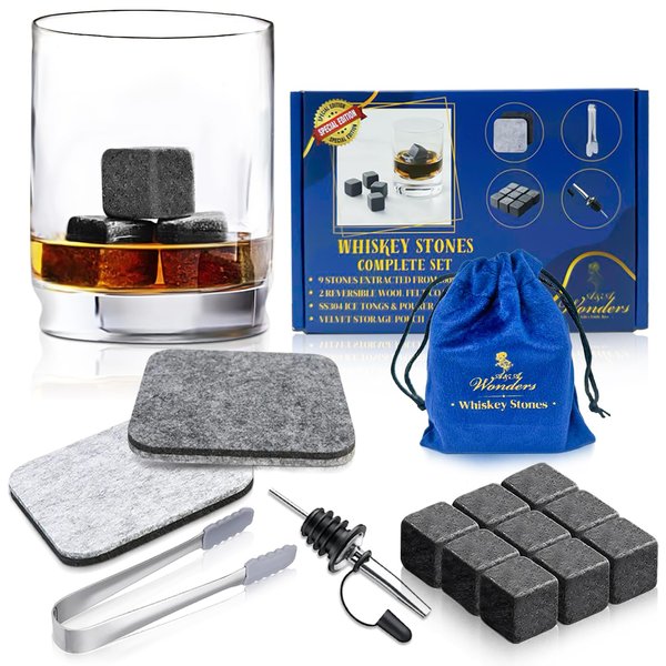 A&A Wonders Premium Whiskey Stones 100% Natural Granite Set of 9 Chilling Rocks Stone Reusable Ice Cubes for Drinks with Velvet Carrying Pouch, Gift for Whiskey Lovers (9 Cubes) (9 Cubes)