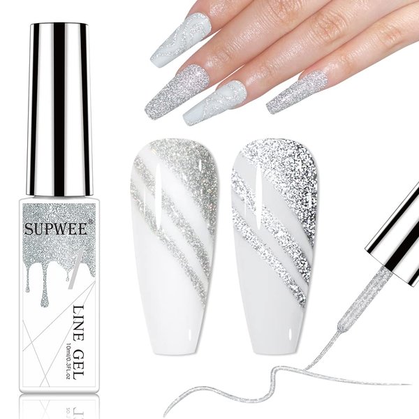 SUPWEE Silver Reflective Gel Polish Liner Gel Glitter Diamond Gel Liner Nail Art for Nails Sparkle Disco Drawing Gel Liner Polish Nail Painting for DIY Nail Art Design Manicure Soak Off Lamp Gel
