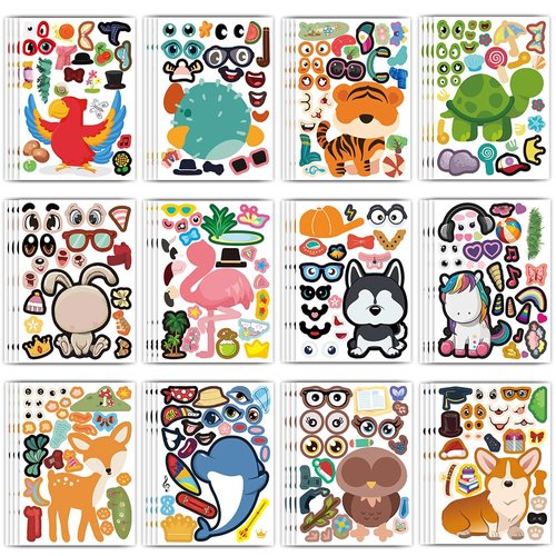 48 Pcs Funny Animal Make a Face Stickers for Toddlers Kids,Make Your Own Mix and Match Sticker Sheets Art Craft Kits,Including 2000+Repositionable Little Stickers