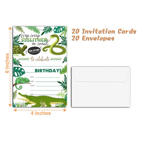 YQV Reptile Birthday Party Invitations, 20-Count Snake Lizard Crocodile Theme Birthday Party Invites With Envelopes-HBYQK-B35