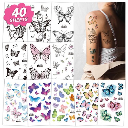 EMOME 150+ Styles Glitter Tattoos for Butterfly Birthday Decorations, Adult Butterfly Tattoos Temporary Realistic, Fake Tattoos for Butterfly Party Decorations Favors Supplies (40 sheets)