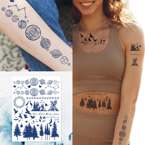Supperb Semi-Permanent Tattoo - Planets, Solar System, Forest, Trees and birds Vintage Temporary Tattoos, Lasts 1-2 Weeks
