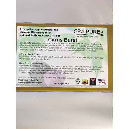 Spa Pure Aromatherapy Gift Set - Citrus Burst Artisan Soap - 4 Shower Steamers with Bag - made with plant based Ingredients - Essential Oils - All Natural