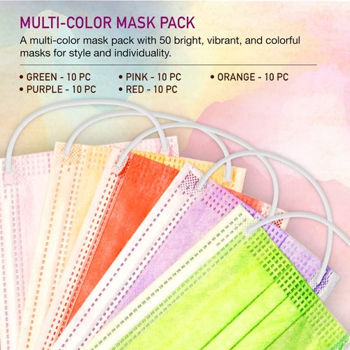 Unifandy Kid Face Mask, 50PC 3 Ply Disposable Face Mask Colorful Set for Children, Durable Nose Wire Earloop Protective Cover, Back to School Supplies