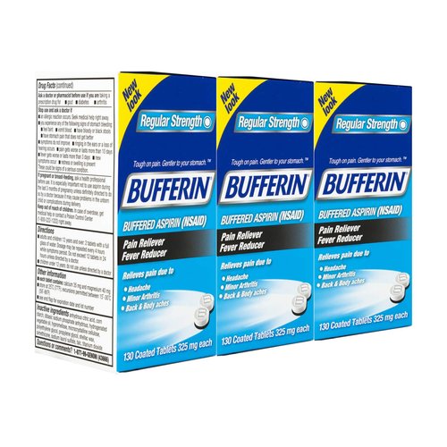 Bufferin Aspirin Pain Reliever/Fever Reducer Coated Tablets, 325mg, 130 Count (Pack of 3)