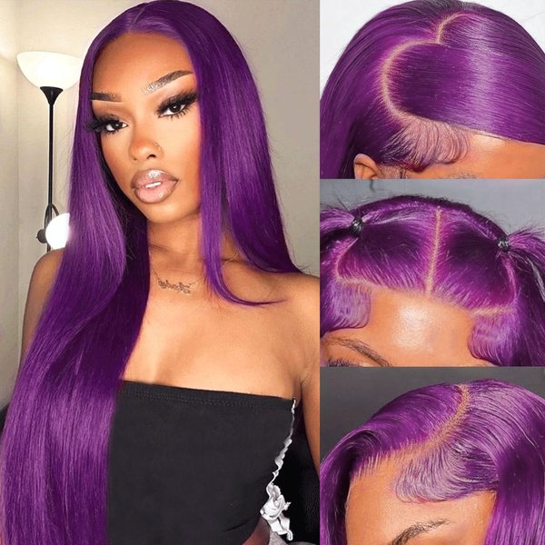 cute fairy Dark Purple Lace Front Wigs Human Hair Colored 13x4 Deep Smokey Purple Straight Lace Frontal Human Hair Glueless Wigs Pre Plucked with Baby Hair 150% Density 18 Inch