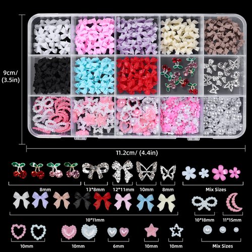 3D Nail Bows Charms and Flatback Pearls, 8 Colors Bow + Color Star Heart Moon Pearl Nail Charms + Blossom Flower Nail Cherry Butterfly Gems Charms for Nail Art Decoration with Pickup Tools