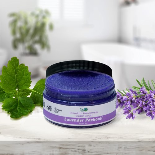 360Feel Lavender Patchouli Sugar Body Scrub - Great for Exfoliating Body Scrub Acne Scars Stretch Marks Foot Scrub Great Gifts For Women - 8 Fl Oz