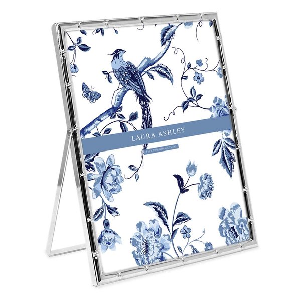 Laura Ashley 8x10 Silver Bamboo Metal Picture Frame (Vertical) with Pull-Out Easel Stand, Made for Tabletop, Counterspace, Shelf and Desk