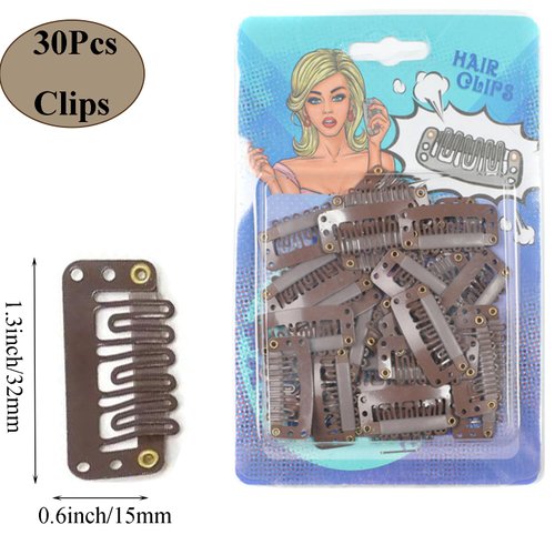 Wig Clips with Soft Rubber Hair Extensions Clips 32mm U-Shape Snap Comb Clips Hair Wig Clip Needles Thread Scissors Set for wig hair extensions (Dark Brown)