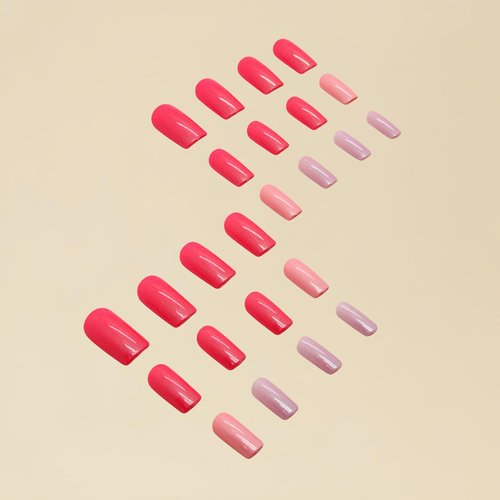 Hot Pink Press on Nails Medium Square Fake Nail Glitter False Nails Full Cover Acrylic Nails with Designs Pure Color Glossy Glue on Nails Artificial Stick on Nails for Women Nail Art Manicure 24Pcs
