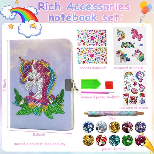 Unicorn Diamond Art Painting Notebook Craft Kits for Girls Ages 6-8-9-10, Girls Birthday Gifts Presents for 5 7 11 12 Year Old, Gem Sticker Painting Arts Crafts Toys for 5-10 Ages Kids Gifts
