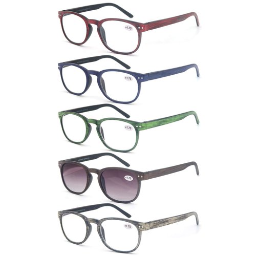 MODFANS Reading Glasses Women/Men Wood Look Round Frame Includes Sun Readers glasses for outdoors 5-Pack Comfort Flexible?Spring Hinge Lightweight with soft case 3.0
