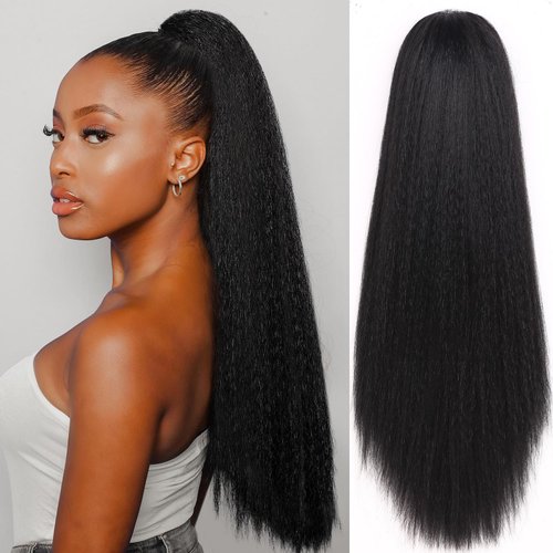 FAVE Kinky Straight Ponytail Natural Black Claw Clip in Ponytail Yaki Ponytail Extension for Blac...