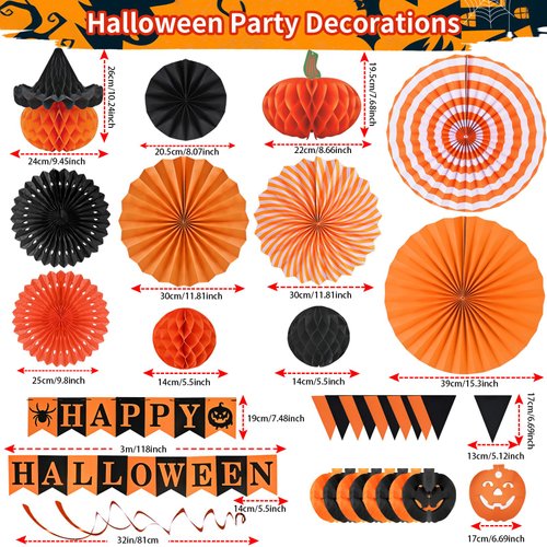 AhfuLife Halloween Party Decorations Supplies Set, Reusable Halloween Decoration Kit Indoor - Happy Halloween Sign Banner for Home, Halloween Pennant Banner, Hanging Paper Tissue Fan