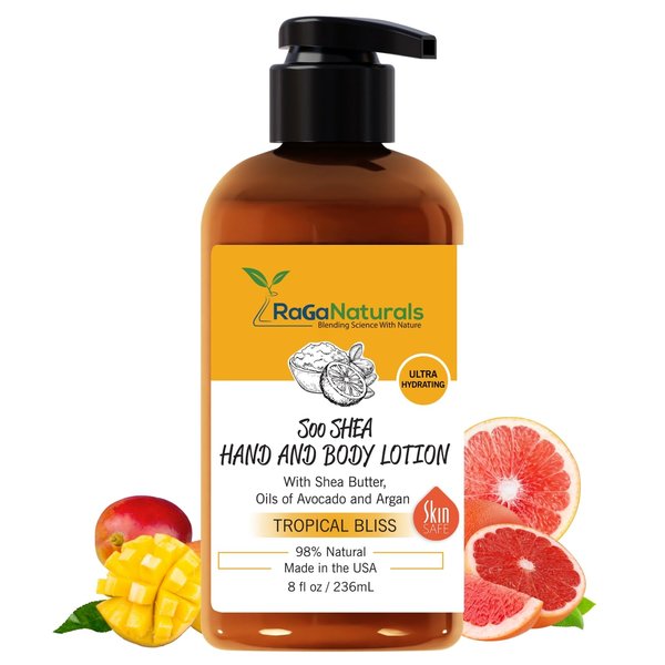 RaGaNaturals Mango Shea Butter Tropical Bliss Lotion with Argan, Vitamin E, and Avocado Oil - Refreshing, Hydrating and Nourishing 8 Fl Oz Moisturizer