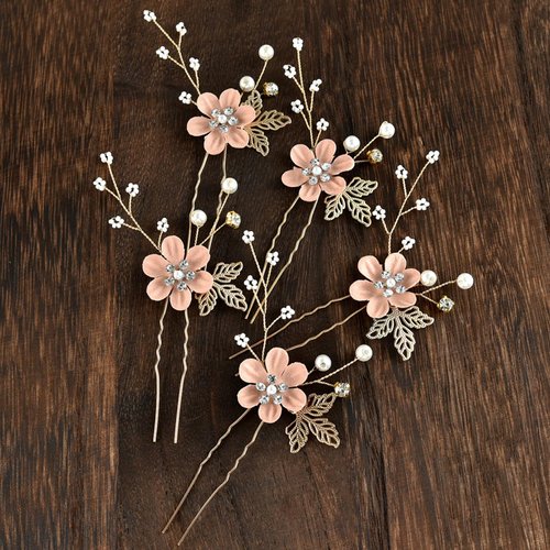 Bridal Hair Combs, 5PCS Wedding Hair Pins Set Crystal Flower Hair Clips Bride Bridesmaid Hair Sides Comb Rhinestone Barrettes, Pearl Flower Hair Pins Hair Accessories for Women Girls (Pink)