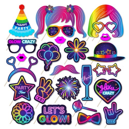 25pcs Glow Photo Booth Props with Stick Let&#39;s Glow Party Supplies Neon Party Decoration Fluoresce...