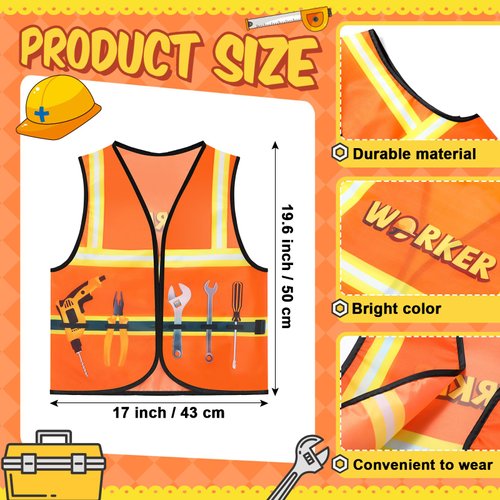 Xtinmee 2 Pcs Kids Construction Vest Children Construction Worker Costume High Visibility Safety Vest Dress up for Aged 3-8(Orange)