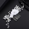 Teyglen Bride Wedding Flower Hair Comb Silver Leaf Headpiece Bridal Pearl Crystal Hair Piece Decorative Hair Accessories for Bride Dainty White Flower Side Comb for Women Girls