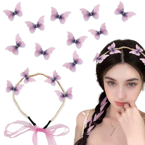 LYDZTION Pearl Butterfly Headband with 10PCS Butterfly Hair Clips for Women Girls,Fairy Headbands Pearl Headband Butterfly Hair Clips Rapunzel Barrettes Hairpin Butterfly Hair Accessories(purple)