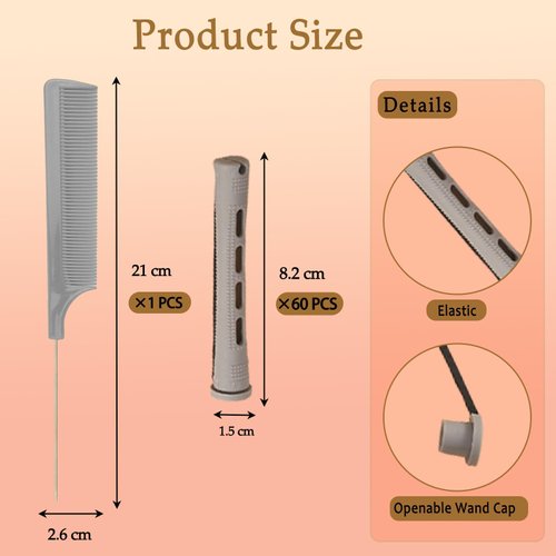 60 Pieces Hair Perm Pods Plastic Perming Rods Cold Wave Rods Curlers Hair Rollers with 1 Pieces Steel Pintail for Hairdressing Styling(Grey, 1.5 Cm/0.59 Inch)