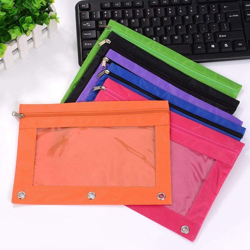 Zippered Binder Fabric Pencil Pouch 3 Rings with Clear Window for School Classroom Organizers 8 Pack (Multicolor)