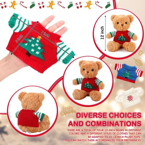 Glimin 4 Pcs Christmas Bear Stuffed Animals with Doll Clothes 12 Inch Cute Plush Bear with Removable Sweater Hoodie Xmas Doll Accessories for Plush Bear Dolls DIY Change Clothes(Fashion Style)