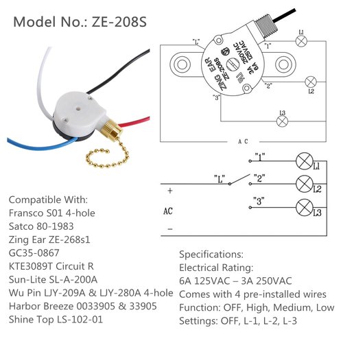 Ceiling Fan Switch Zing Ear ZE-208S E89885 3 Speed 4 Wire Fan Switch Pull Chain Ceiling Fan Switch Speed Control Switch for Ceiling Fans, Wall Lamps, Cabinet Light, Brass 1PCS