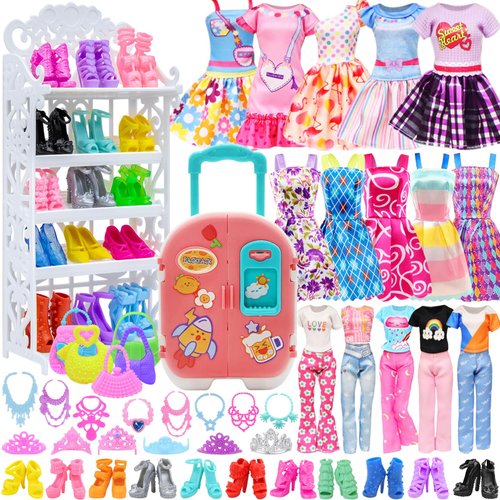 36 Pcs 11.5 inch Doll Clothes and Accessories Including Suitcase Shoes Rack Handbag Fashion Dresses Slip Dresses Top and Pants Sets Shoes Necklace Crown Perfect for Dolls