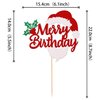 1 PCS Glitter Merry Birthday Cake Topper Assembled Holly Leaves and Berries Santa Claus Beard Cake Pick Decorations for Merry Christmas Theme Baby Shower Kids Birthday Party Supplies Red