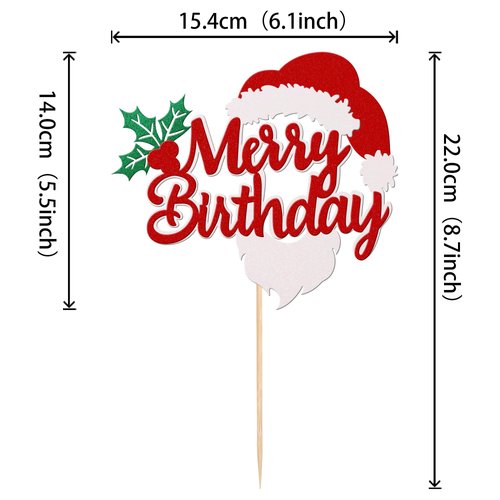 1 PCS Glitter Merry Birthday Cake Topper Assembled Holly Leaves and Berries Santa Claus Beard Cake Pick Decorations for Merry Christmas Theme Baby Shower Kids Birthday Party Supplies Red