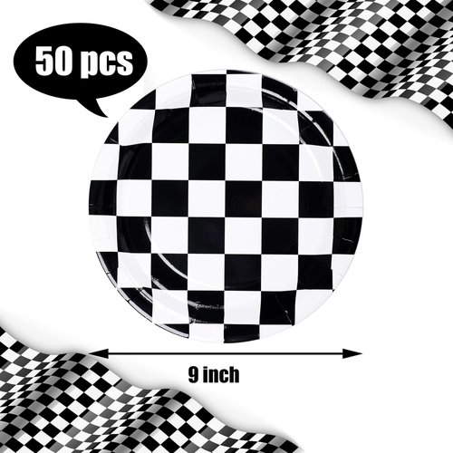 50 Packs Racing Car Paper Plates 9" Black and White Disposable Plates Checkered Flag Party Plates Round Dessert Dinner Paper Plate for Race Car Party Supplies Kids Birthday Tableware