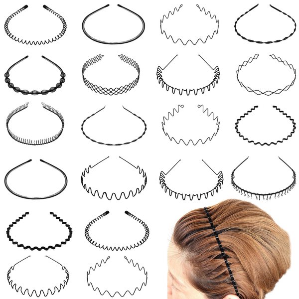 COCIDE 20Pcs Metal Hair Band for Men Headband Women Bands Unisex Black Wavy Spring Outdoor Sports Headbands Men's Hoop Clips Hair Accessories Simple Elastic Non Slip Alloy Head Headwear