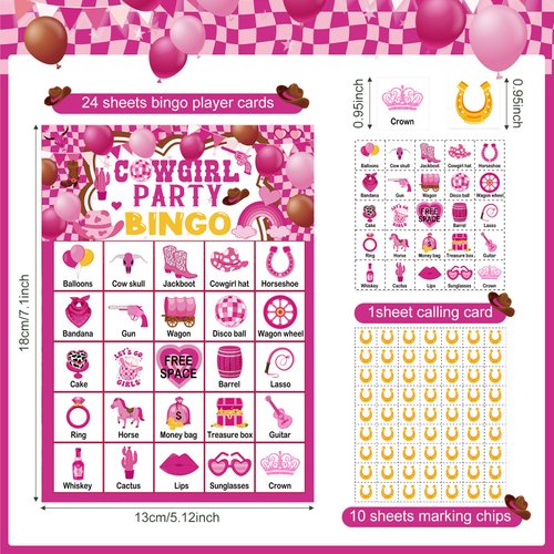 Liliful 35 Pcs Cowgirl Party Bingo Game 24 Players Western Cowgirl Bingo Cards Let's Go Girls Party Games for Girls Adults Family Gathering Pink Disco Cowgirl Bachelorette Party Supplies
