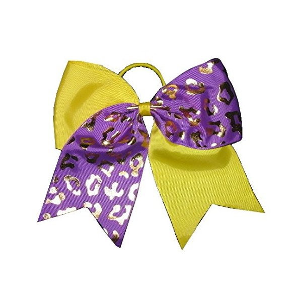 NEW "GOLD CHEETAH Purple & Yellow" Tick Tock Cheer Bow Pony Tail 7 Inch Girls Cheerleading Dance Practice Football Games Competition Grosgrain Ribbon