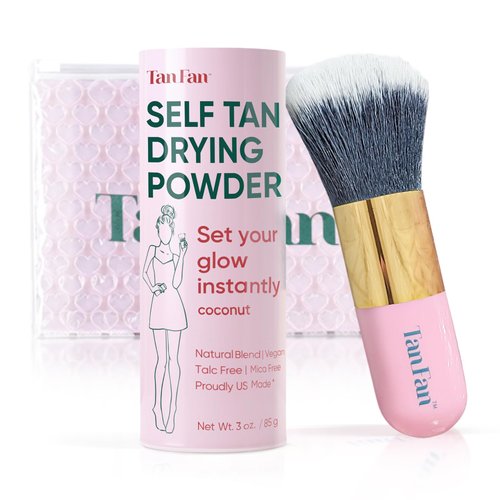 Tan Fan Self Tan Drying Powder Kit - Stops Sticky Feeling After Sunless Tanner - 100% Vegan Talc-Free Translucent Natural Blend Setting w Brush + Pouch For Smooth Silky Skin - USA Made (Coconut 3oz)