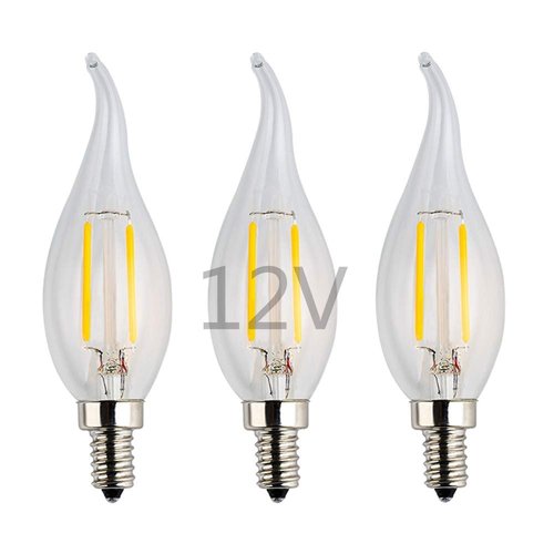 OPALRAY AC/DC 12V Low Voltage LED Candelabra Bulb, 2W 200Lm, Dimmable with DC Dimmer, Warm White Light, E12 Base, Clear Glass Flame Tip, 25W Incandescent Replacement, for 12 Volts Power, 3 Pack