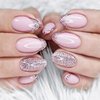 Pink Glitter French Tips Short Almond Press on Nails with Sparkly Design, Glossy Acrylic False Nails Gel Glue on Nails, Shine Manicure Art Fake Nails Stick on Nails for Women Girls