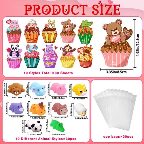DIYDEC 30 Pack Valentines Mochi Squishies Toys with Valentines Cards for Kids Mini Animal Squishy Stress Relief Toys Valentines Day Toys for Valentines Party Favors School Classroom Exchange